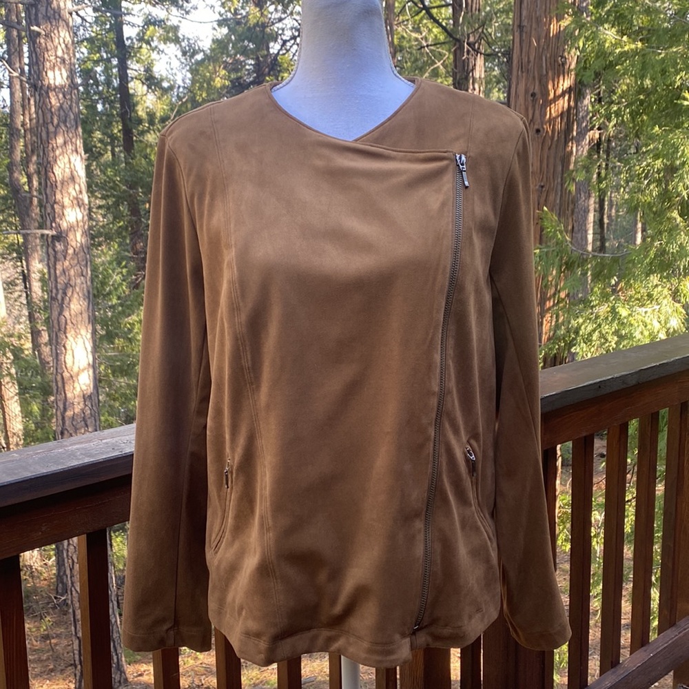 J Jill  Acorn Brown Ultra Soft Faux Suede Moto Zip Jacket Petite L - Picture 5 of 15